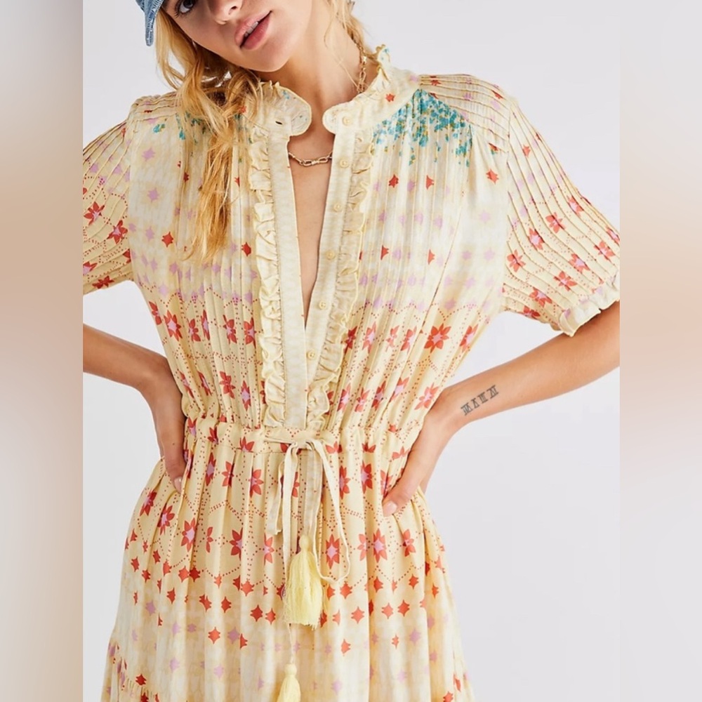 Free People Cream Yellow Floral Maxi Dress with Teal Bands - Picture 2 of 7